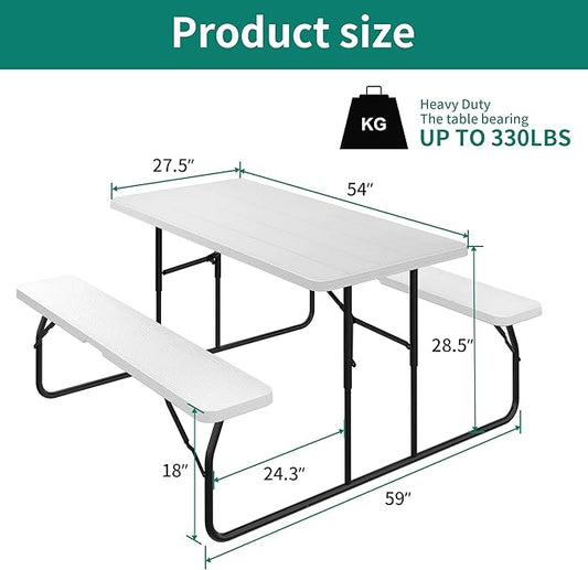 YITAHOME Heavy Duty Picnic Table Outdoor Picnic Table and Bench with Weatherproof Resin Tabletop & Stable Steel Frame for Yard Patio Lawn Party White