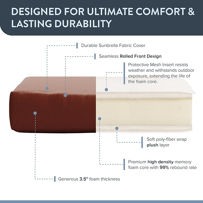 California Umbrella Outdoor Dining Chair, Patio Seat Cushion, 20 x 40 Inch, Premium Outdoor Memory Foam, Fade Resistant Sunbrella Fabric, Fabric Ties,Terracotta