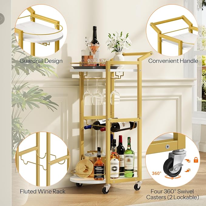 HOOBRO Bar Cart, Bar Cart for The Home, Home Bar Serving Cart on Wheels, Rolling Wine Cart with Wine Rack and Glass Holder, Beverage Cart for Bar, Kitchen, Dining Room, White and Gold DM48TC01