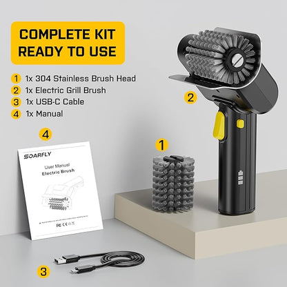 SOARFLY Electric Grill Brush for Outdoor, Cordless Grill Cleaner Brush with 600RPM Motor & 2 Safety Locks, 304 Stainless Steel Brush Head, Lightweight Portable, Grill Cleaning Tools for Barbecue Grate