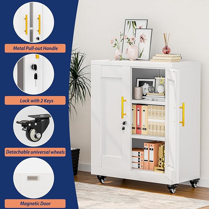 PAOFIN Metal Storage Cabinet-35” Tall Steel File Cabinets with Lockable Doors and Adjustable Shelves, Steel Tool Cabinet with Wheel for Home, School, Office, Garage White