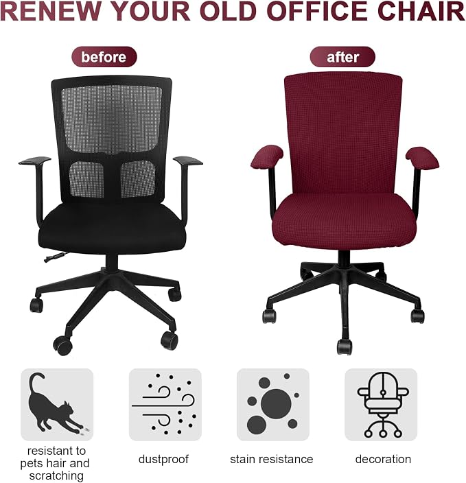 Tallew 4 Pcs Office Chair Covers Stretchable Armrest Seat,XL,Burgundy | Universal Fit Office Desk Chairs, Protective Seat Backrest Slipcovers, Stretchable Prevent Wear, Easy Install for Rotating