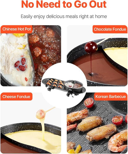 VEVOR Hot Pot with Grill, 2200W 2-in-1 Electric Smokeless Grill and Hot Pot, Korean BBQ Shabu Shabu Hotpot with Separate Dual Temperature Control, Non-stick Pan, for 1-6 People Family Dinning