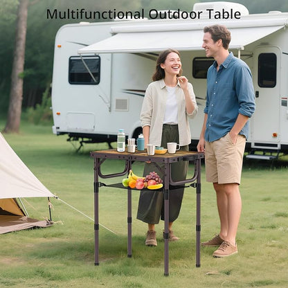 Anbte 2ft Camping Folding Table, 24" X 16" Aluminum Small Portable Table | 3 Adjustable Height Max 27.5", Camping Table with Portable Handle & Storage Net, For Outdoor Indoor Picnic Beach Travel,Brown