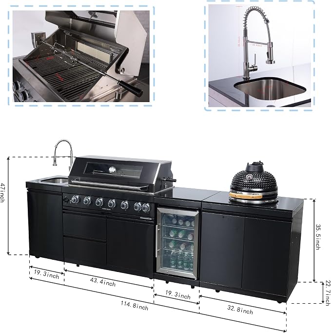 115" Outdoor Kitchen Island,Natural Gas Grill with Kamado Grill,85000 BTU. | Stainless Steel Grill with Side Burner,Rotisserie,Refrigerator,Sink,Granite Countertop,Storage Cabinets.Sleek Black Finish