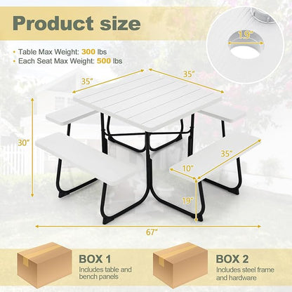 Tangkula 8 Person Picnic Table, Outdoor Square Picnic Table with 4 Built-in Benches, Umbrella Hole, Metal Frame & HDPE Tabletop, Outside Table and Bench Set for Backyard, 2300lbs Weight Capacity