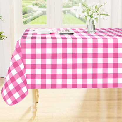 Smiry Picnic Table Cloth, Vinyl Tablecloths with Flannel Backing, 60"x102" | Waterproof Rectangle Table Cloth, Wipeable Buffalo Plaid Table Cover for Indoor and Outdoor (Hot Pink & White)