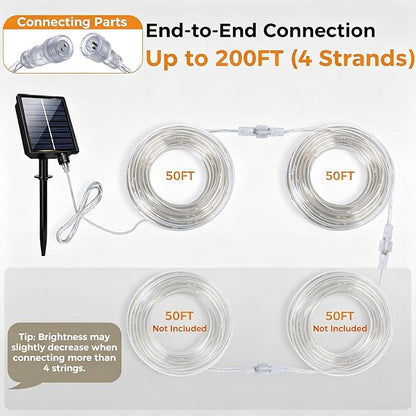 Connectable 100FT 600LED Solar Rope Lights Outdoor Waterproof | 1.97'' LED Spacing More Brighter, USB & Solar Powered Fairy Lights for Outside Yard Tree Pool Christmas Decor, Warm White