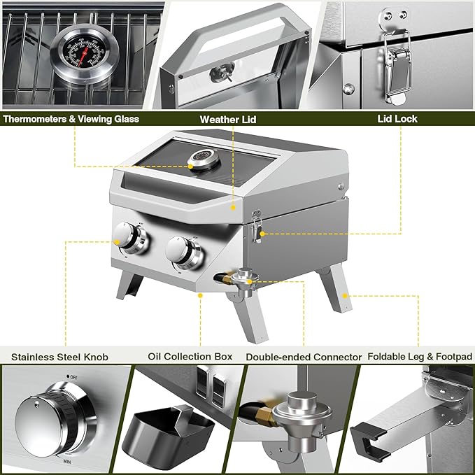 BESTFIRE 2-in-1 Portable Propane Grill, 20,000 BTU 2-Burner Tabletop Gas Grill for Camping & RV, Stainless Steel BBQ with Viewing Glass Lid, Thermometer & Dual-Gas Connection