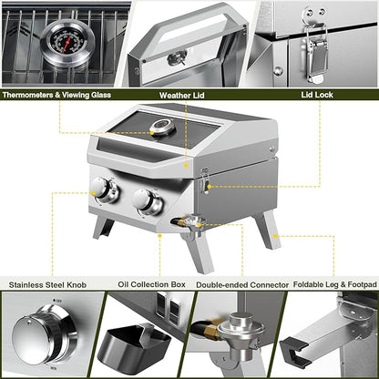 BESTFIRE 2-in-1 Portable Propane Grill, 20,000 BTU 2-Burner Tabletop Gas Grill for Camping & RV, Stainless Steel BBQ with Viewing Glass Lid, Thermometer & Dual-Gas Connection