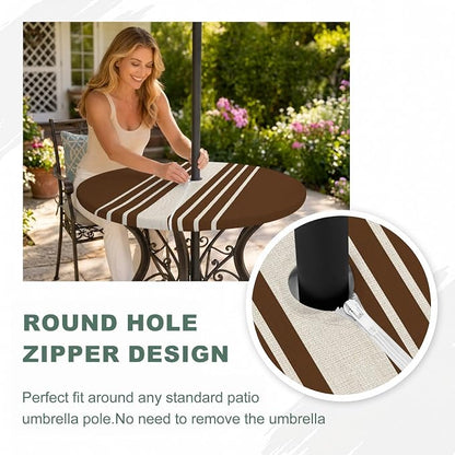 Outdoor Fitted Tablecloth with Umbrella Hole and Zipper, Brown Beige Striped Elastic Round Patio Table Cover, Farmhouse Retro Lines Modern Windproof Table Protector for Backyard BBQ Party 36''-44''