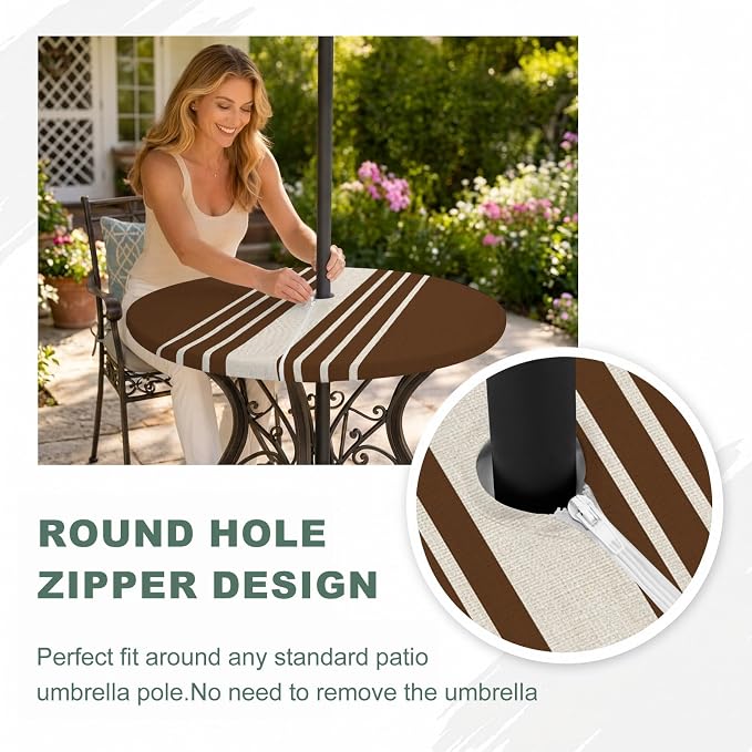 Outdoor Fitted Tablecloth with Umbrella Hole and Zipper, Brown Beige Striped Elastic Round Patio Table Cover, Farmhouse Retro Lines Modern Windproof Table Protector for Backyard BBQ Party 45''-54''
