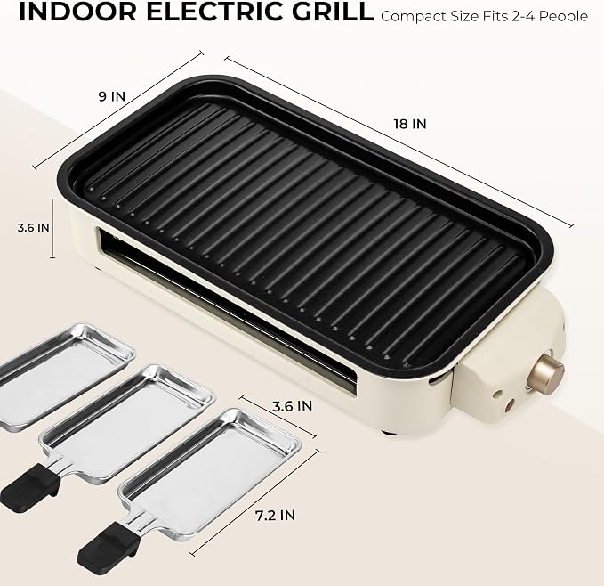 Pukomc Electric Indoor Grill,2 in 1 Indoor Grills for Kitchen | Smokeless Grill Net & Non-Stick Cooking Removable Plate,Temperature Control,Dishwasher Safe,1700W Beige