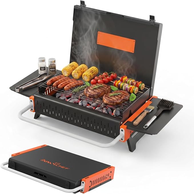 Portable Charcoal Grill, Foldable Tabletop BBQ Grill for 2-4 People | Fold-Flat Camping Grill, Removable Ash Pan, Side Shelves, Locking Lid for Backyard, Patio, Tailgating & Outdoor Cooking