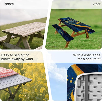 ANNA QUEEN Artistic Starry Night 6FT Picnic Table Cover with Bench Covers Set of 3 with Drawstring Bag, 72"x30" Waterproof Fitted Picnic Tablecloth & Bench Seat Covers for Outdoor Camping Patio
