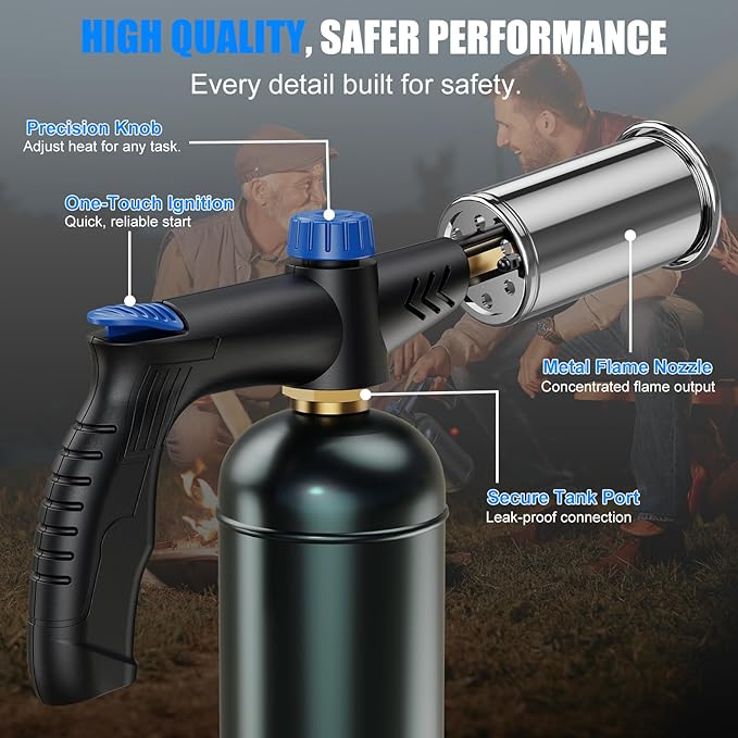 Powerful propane torch gun Ergonomic handle, One-Touch Ignition, Adjustable Flame, Flame Thrower with One-Piece Safety Design Ideal for Grill & Cooking, Sous Vide, Searing Steak, BBQ, Campfire Starter