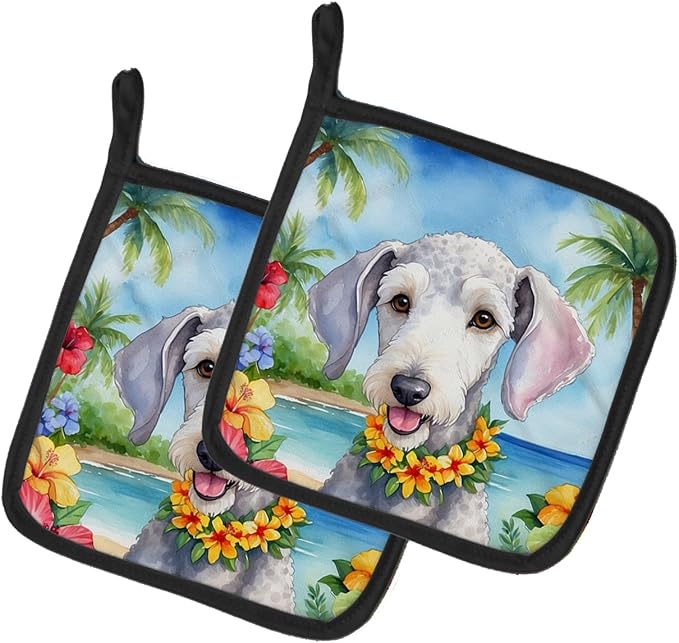 Caroline's Treasures Bedlington Terrier Luau Pair of Pot Holders Kitchen Heat Resistant Pot Holders Sets Oven Hot Pads for Cooking Baking BBQ, 7 1/2 x 7 1/2