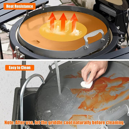Skyflame Round Griddle, 18.5" Flat Top Griddle Insert | Grease Drain, Handle, Compatible with Kamado Joe Classic, Compatible with Large Big Green Egg