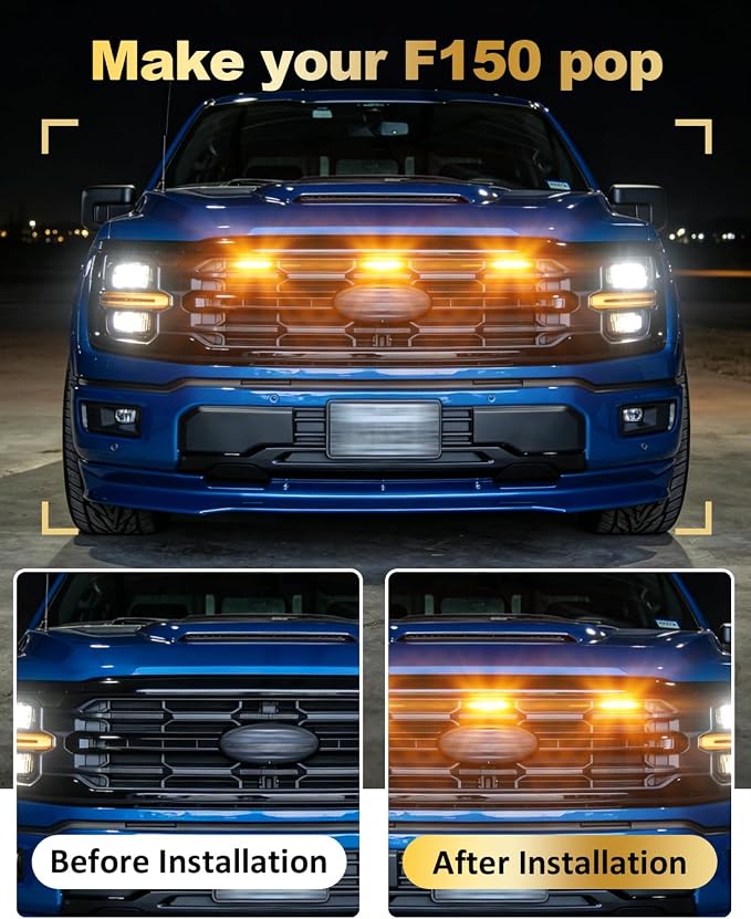 Front Grill Raptor Lights for Ford F150 2024 2025 2026 (Yellow, XLT) | 5th Gen F150 Grille Marker Lights, Waterproof F150 LED Lights Accessories, Snap-in Installation, OEM Style, Off-road Driving
