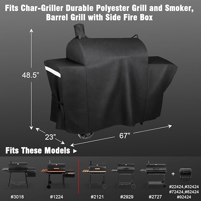 Grill Cover for Char-Griller 1224 2121 3018 2828 2727 2929 1329 2799 Grill and Smoker with Side Fire Box Heavy Duty Waterproof Smoker Cover for Char-Griller Durable Polyester BBQ Cover with PVC Lining