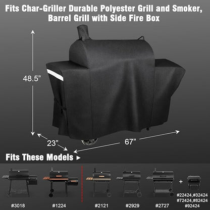Grill Cover for Char-Griller 1224 2121 3018 2828 2727 2929 1329 2799 Grill and Smoker with Side Fire Box Heavy Duty Waterproof Smoker Cover for Char-Griller Durable Polyester BBQ Cover with PVC Lining
