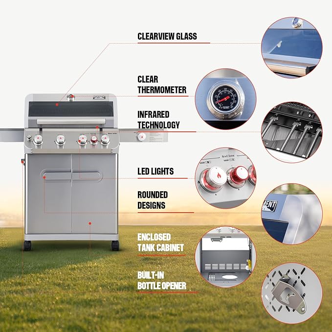 Monument Grills Mesa Series, 4+1 Outdoor Barbecue Stainless Steel Propane Gas Grill, 4 Burners & 1 Side Burner 62,000 BTU Patio Garden Barbecue Grill with Knob Controls, Mesa415BZ