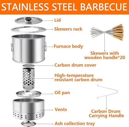 Stainless Smokeless Charcoal Grills Surround Charcoal Barrel Grill 360° Smokeless Outdoor Barbecue Grill for Travel for Travel, Outdoor Cooking and BBQ, Camping Grill Picnic Patio Backyard