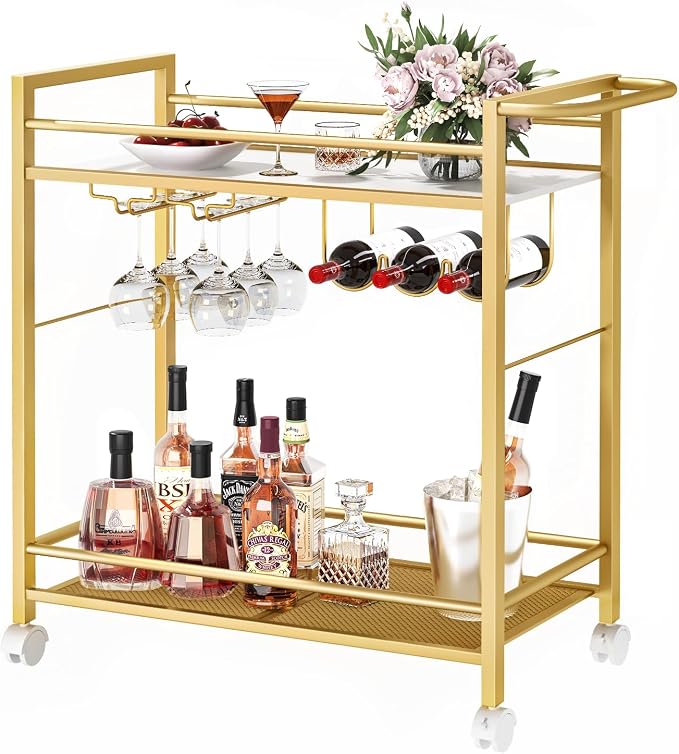 Joaxswe Bar Cart w/Wheels,Home Bar Serving Cart w/Storage Shelves,Gold | 2 Tier Rolling Beverage Cart,Modern Wine Cart w/ Wine Rack and Glass Holder for Kitchen, Living Room,Dinning Room