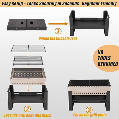 Portable Charcoal Grill, Small Tabletop BBQ, Foldable Mini Hibachi, Stainless Steel Camping Grill, Compact Outdoor Cooker for Picnic, Tailgating Chac Grl 002PBLK