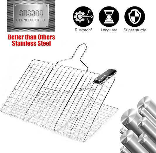 Grill Baskets Fish Grilling Basket for Outdoor Grilling Barbecue Stainless Steel Folding Grill Accessories with Removable Handle, Grill Basket for Bar, Camping, Picnics & Parties. Amazing Grill
