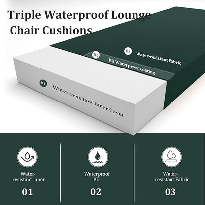 Chaise Lounge Cushions Outdoor Set of 2 Lounge Chair Cushion 72" L x 21" W with Headrest Straps 3'' Thick Waterproof Patio Chaise Cushions Pool Lounger Chair Cushion(Dark Green)