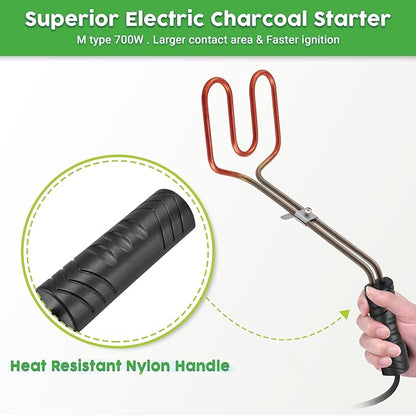 Electric Charcoal Starters 700W - BBQ Grill Fireplace Coal Lighter Easy & Quick Ignite Briquettes |No Sparks or Flames | 304 Coils 5f Cable for BGE Deep Grill (X-Large-Charcoal Starter)