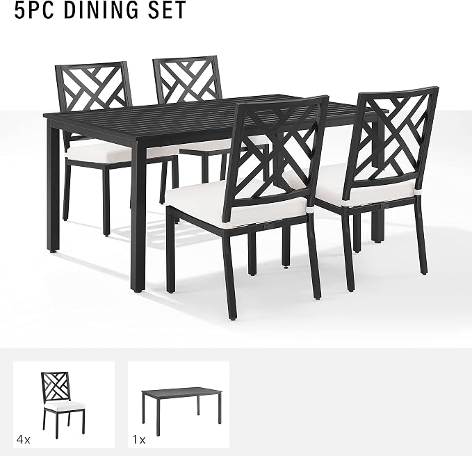 Crosley Furniture Locke 5-Piece Outdoor Dining Set for 4, Patio Table and Chairs for Backyard, Deck, Matte Black with Creme Cushions