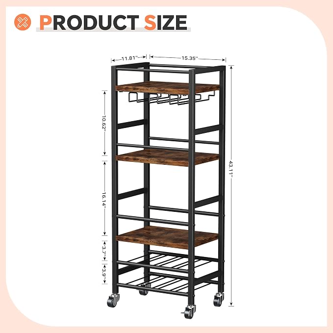 Homeiju Small Bar Cart with 5-Tier Shelf, Mobile Kitchen Shelf with Wine Rack and Glass Holder, Mini Bar Cart for Small Spaces, Rustic Brown