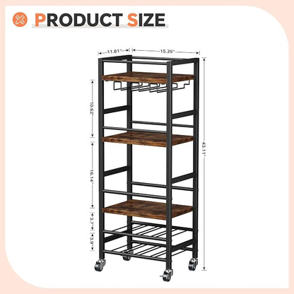 Homeiju Small Bar Cart with 5-Tier Shelf, Mobile Kitchen Shelf with Wine Rack and Glass Holder, Mini Bar Cart for Small Spaces, Rustic Brown