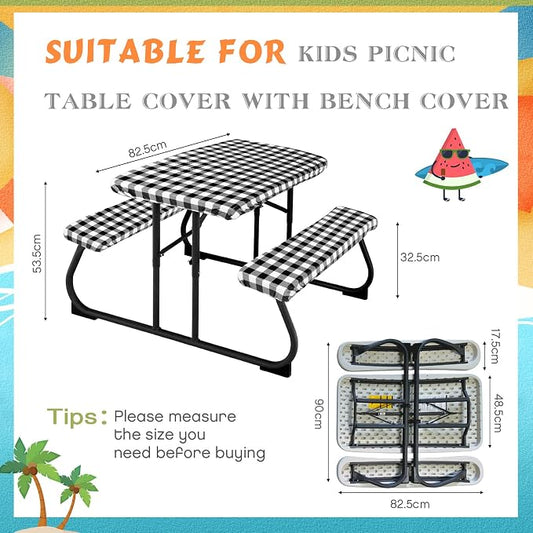 Moukeren 3 Pieces Picnic Table Cover for Kids with Bench Covers Fitted Tablecloth for Outdoors Vinyl Waterproof Cloth for Camping Home Goods Indoor Outdoor Patio BBQ(Black, White)