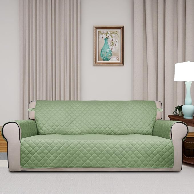 PureFit Reversible Quilted Couch Covers for Dogs Oversized Sofa Cover 78” | Sage Green/Ivory, Water Resistant Couch Protector, Washable Pet Couch Cover with Non Slip and Elastic Straps For Kids