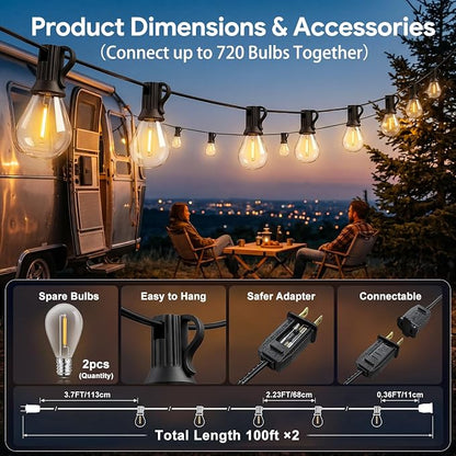 200FT 2‑Pack Dimmable Outdoor String Lights, with LED Vintage Edison Bulbs | Connectable Commercial Waterproof Shatterproof Patio Lights, Plug in 2700K Hanging Lighting for Backyard Balcony Garden Decor