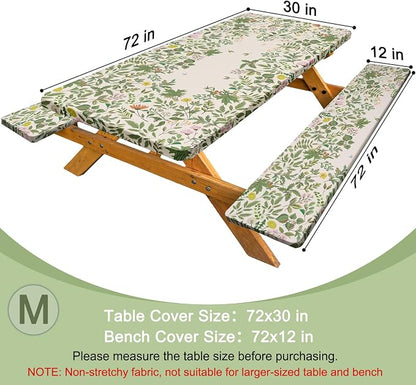 Picnic Table Cover with Bench Covers Windproof Waterproof Picnic Table Covers Camping Tablecloth with Self-Storage Bag, 72in, Botanical Green