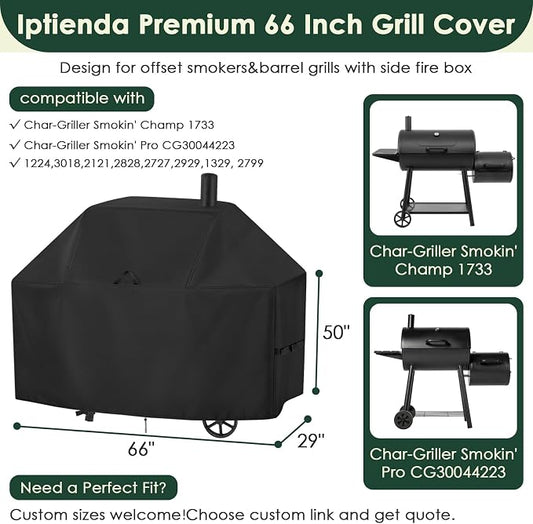 Grill Cover for Char Griller Smokin' Champ 1624, Offset Smoker 1733, Smokin' Pro CG30044223, 66inch Outdoor Grill Cover Waterproof for Charcoal Grill,Barrel Grill-66 L x 29" W x 50" H