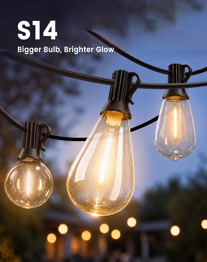 Outdoor String Lights 30FT(24+6) Waterproof, 12 LED S14 Shatterproof Edison Bulbs, 2FT Spacing, Extension Cord, Connectable Plug in Hanging Patio Lights for Outside, Backyard, Warm White