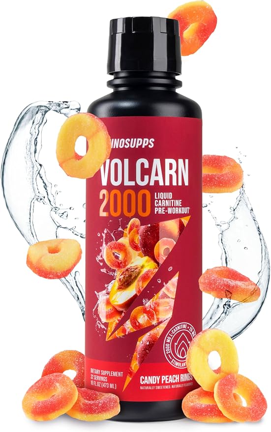Volcarn 2000 L-Carnitine Liquid Energy, Candy Peach Rings, 32 Servings | Energy booster and ATP supplement with GBEEC; Enhances focus; Caffeine-free, no artificial sweeteners