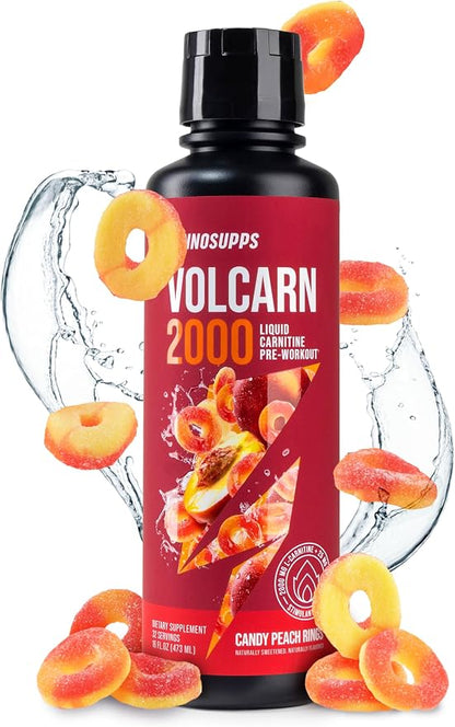 Volcarn 2000 L-Carnitine Liquid Energy, Candy Peach Rings, 32 Servings | Energy booster and ATP supplement with GBEEC; Enhances focus; Caffeine-free, no artificial sweeteners