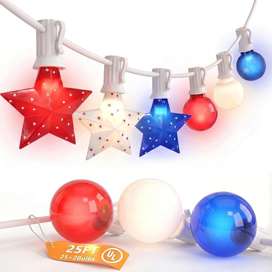 SUNSGNE 25FT Outdoor Red White and Blue String Lights, 25 LED Star & G40 Globe Bulbs, Patriotic Fourth of July Independence Day Decorations for Home Patio Yard