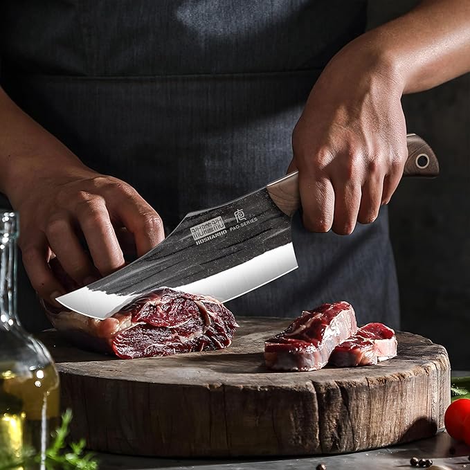 HOSHANHO 8 Pieces Butcher Kitchen Knife Set, Hand Forged High Carbon Stainless Steel Magnetic Knife Block Set, Ultra Sharp Chef Knives Set with Meat Cleaver Knife & Bone Chopper Knives Gift for Men