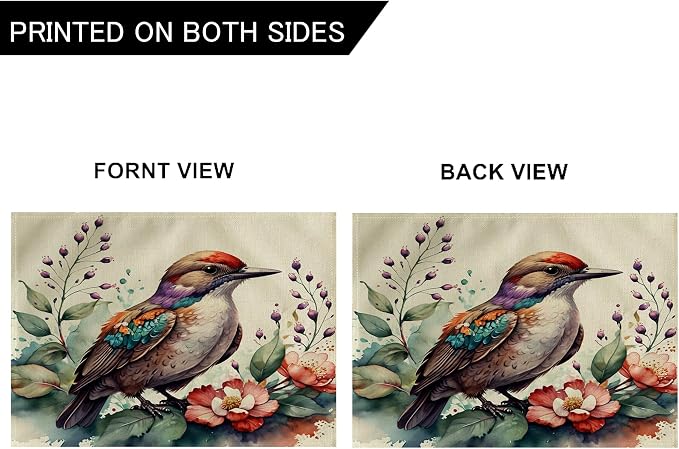 Watercolor Painting Birds Table Mats Set of 4 Spring Topical Flowers Placemats Waterproof Heat Resistant Washable Non-Slip Place Mats for Dinner Room Kitchen Decor Table 12”×16”(Brown, 12”×16”)