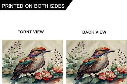 Watercolor Painting Birds Table Mats Set of 4 Spring Topical Flowers Placemats Waterproof Heat Resistant Washable Non-Slip Place Mats for Dinner Room Kitchen Decor Table 12”×16”(Brown, 12”×16”)