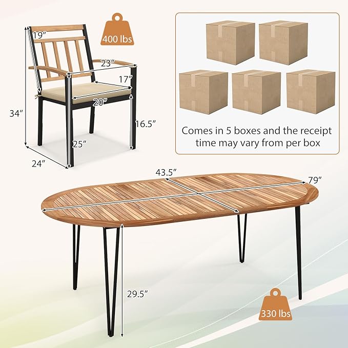 Tangkula 9 Pieces Outdoor Dining Set, Patio Furniture Set with Acacia Wood Top & Umbrella Hole, Metal Frame, Armchairs with Removable Cushions, Wood Dining Table & Chair Set for Yard, Garden, Deck