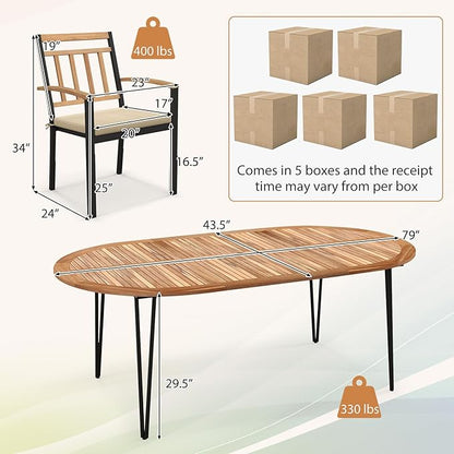 Tangkula 9 Pieces Outdoor Dining Set, Patio Furniture Set with Acacia Wood Top & Umbrella Hole, Metal Frame, Armchairs with Removable Cushions, Wood Dining Table & Chair Set for Yard, Garden, Deck
