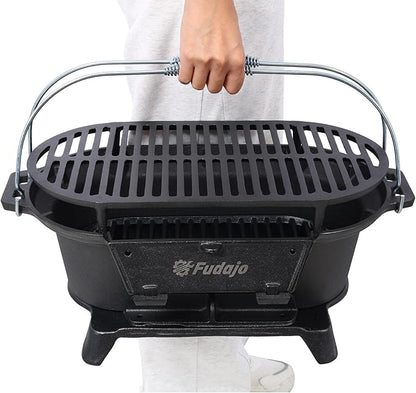 20" Oval Cast Iron Hibachi Grill, Portable Charcoal Grill With Vent Removable Grate with Handle, Yakitori Grills for Outdoor Camping Cooking, Enameled (Oval)